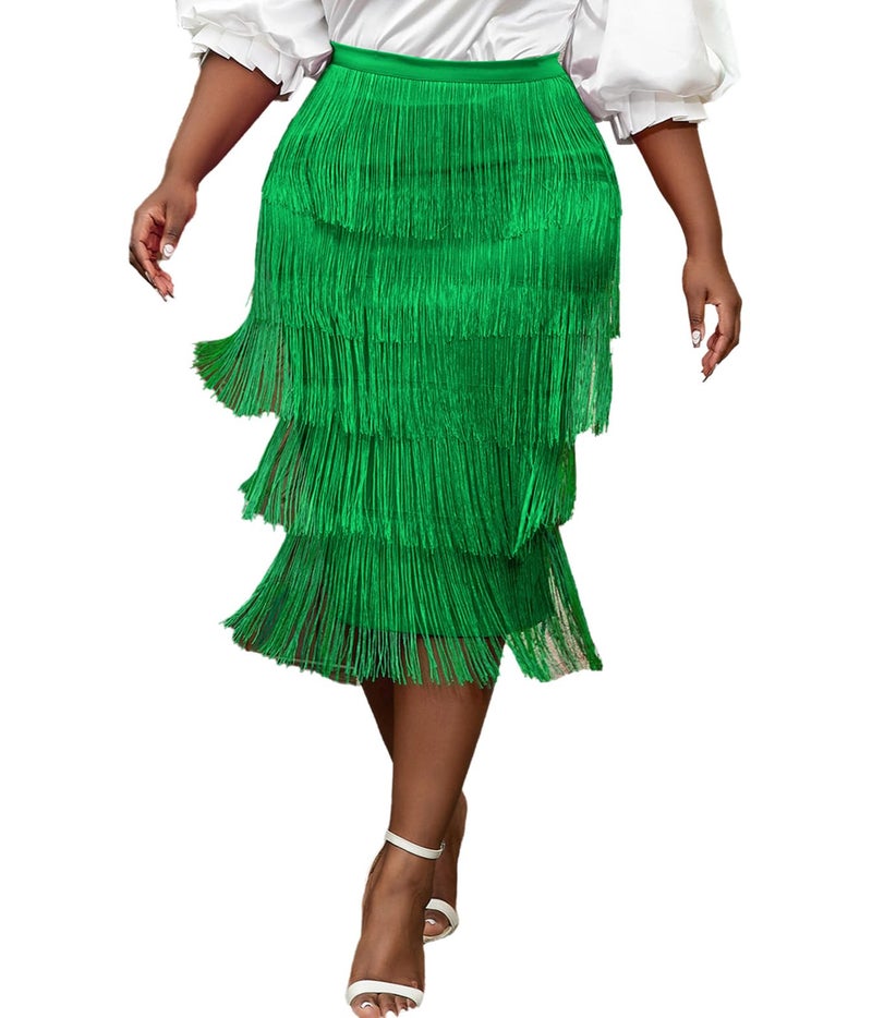 AOMEI Women's Spring Green High Waist Fringe Tiered Bodycon Pencil Midi Skirt M - Image 1